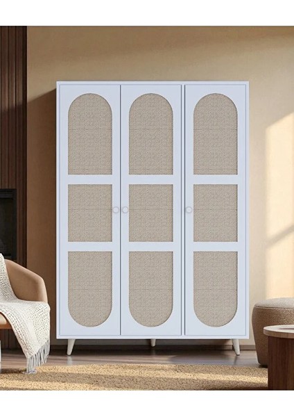Bali Bohem 3 Kapaklı Gardırop – Jüt Kumaş Mdf Kapaklı Elbise Dolabı | Kahverengi - Beyaz