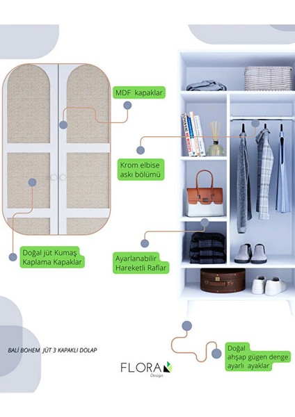 Bali Bohem 3 Kapaklı Gardırop – Jüt Kumaş Mdf Kapaklı Elbise Dolabı | Kahverengi - Beyaz indirimleri