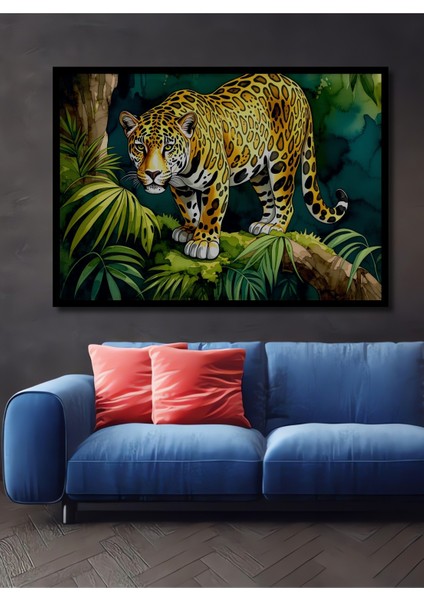 Çerçeve Görünümlü Tropikal Ormanlarda Jaguar Sulu Boya Görünümlü Dekoratif Ahşap Ofis Kare Tablo