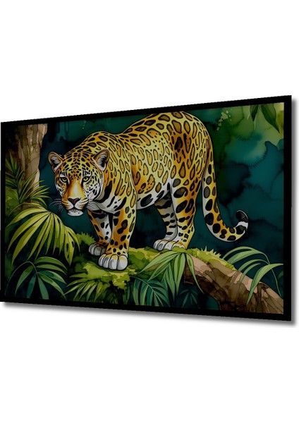 Çerçeve Görünümlü Tropikal Ormanlarda Jaguar Sulu Boya Görünümlü Dekoratif Ahşap Ofis Kare Tablo fiyatları