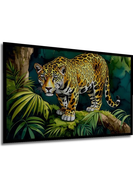 Çerçeve Görünümlü Tropikal Ormanlarda Jaguar Sulu Boya Görünümlü Dekoratif Ahşap Ofis Kare Tablo modelleri