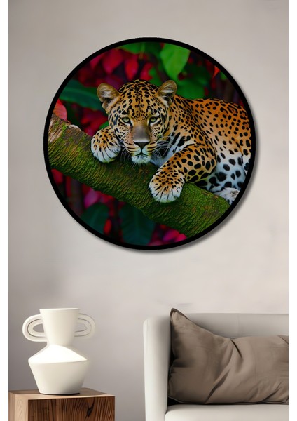 Çerçeve Görünümlü Tropikal Ormanlarda Leopar Yağlı Boya Görünümlü Ahşap Ofis Yuvarlak Tablo