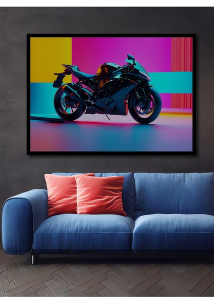 Çerçeve Görünümlü Neon Işıltılı Motosiklet Modern Sanat Dekoratif Ahşap Ev/işyeri/ofis Kare Tablo