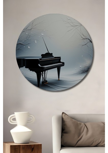Piyano ve Ağaçların Melodisi Yağlı Boya Görünümlü Dekoratif Ahşap Ev/işyeri/ofis Yuvarlak Tablo