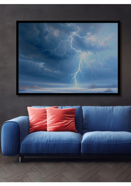 Çerçeve Görünümlü Gökyüzü Şimşek Fırtınası Yağlı Boya Görünümlü Dekoratif Ahşap Ofis Kare Tablo