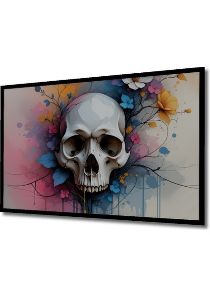 Çerçeve Görünümlü Çiçekli Kafatası Sulu Boya Görünümlü Dekoratif Ahşap Ev/işyeri/ofis Kare Tablo fiyatları