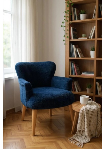 Roma Modern Berjer Tekli Koltuk - Welsoft Yumuşak Kumaş - Ahşap Ayak - Mavi