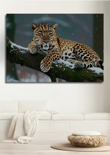 Kar Leoparı Karda Yağlı Boya Görünümlü Dekoratif Ahşap Ev/işyeri/ofis Kare Tablo