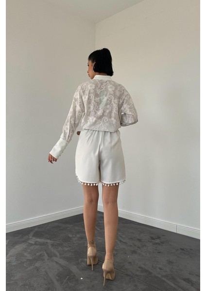 Ekru Dantelli Gömlek ve Ponpolu Şort Takım fırsatları