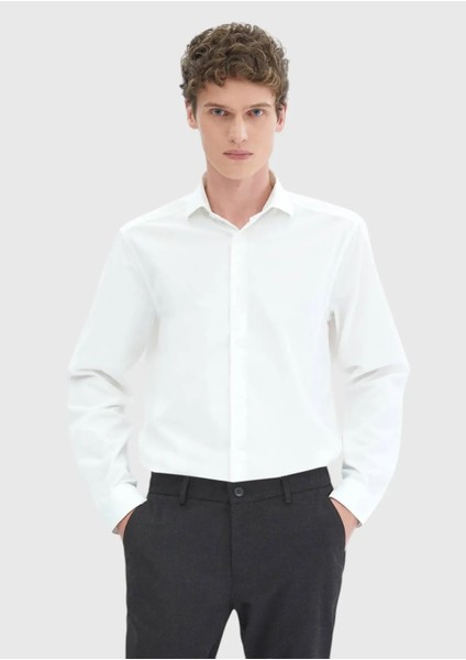 Beyaz Düz Casual Fit Dokuma Kadife Casual %100 Pamuk Gömlek