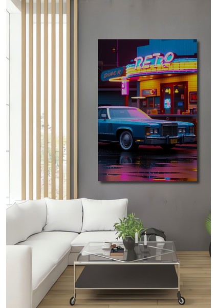 Retro Diner Rüya Otomobil Yağlı Boya Görünümlü Dekoratif Ahşap Ev/işyeri/ofis Kare Tablo