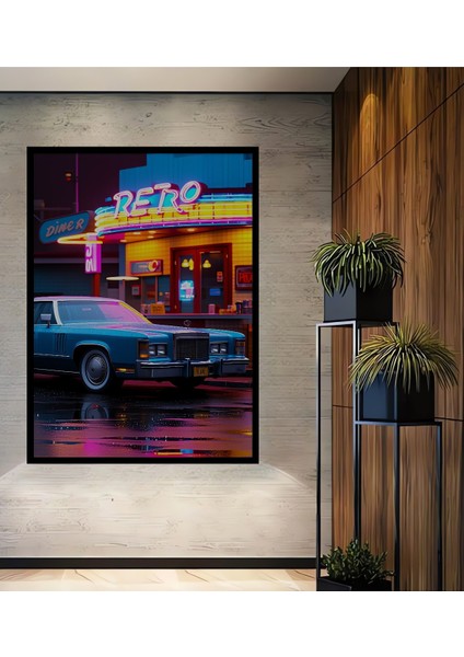 Çerçeve Görünümlü Retro Diner Rüya Otomobil Yağlı Boya Görünümlü Dekoratif Ahşap Ofis Kare Tablo