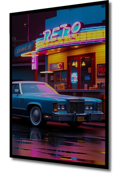 Çerçeve Görünümlü Retro Diner Rüya Otomobil Yağlı Boya Görünümlü Dekoratif Ahşap Ofis Kare Tablo fiyatları