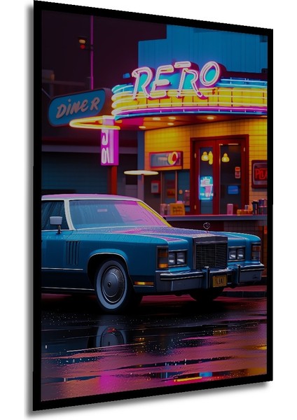 Çerçeve Görünümlü Retro Diner Rüya Otomobil Yağlı Boya Görünümlü Dekoratif Ahşap Ofis Kare Tablo modelleri