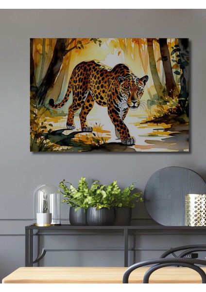 Ormanda Sulu Boya Görünümlü Jaguar Ev/işyeri/ofis Dekoratif Ahşap Kare Tablosu