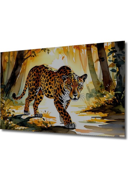 Ormanda Sulu Boya Görünümlü Jaguar Ev/işyeri/ofis Dekoratif Ahşap Kare Tablosu fiyatları