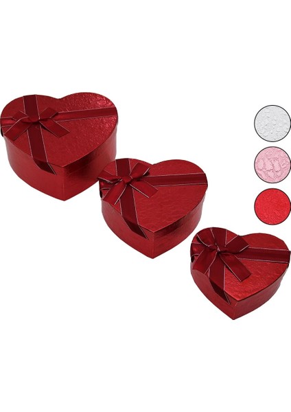 3pcs Kalp Parlak Renkli - Kabartma Desen Karton Hediye Kutusu Kurdelalı 15-18-21CM (4887)