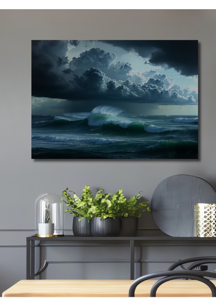 Fırtına Öncesi Deniz Manzarası Yağlı Boya Görünümlü Dekoratif Ahşap Ev/işyeri/ofis Kare Tablo