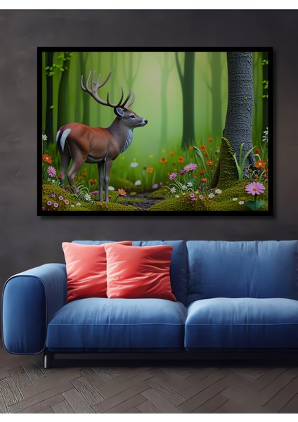 Çerçeve Görünümlü Orman Esintili Geyik Yağlı Boya Görünümlü Dekoratif Ahşap Işyeri/ofis Kare Tablo
