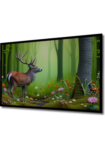 Çerçeve Görünümlü Orman Esintili Geyik Yağlı Boya Görünümlü Dekoratif Ahşap Işyeri/ofis Kare Tablo fiyatları