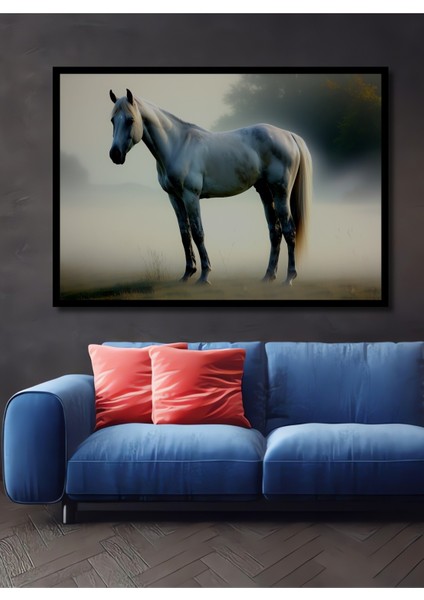 Çerçeve Görünümlü Dumanlı Beyaz At Yağlı Boya Görünümlü Dekoratif Ahşap Ev/işyeri/ofis Kare Tablo