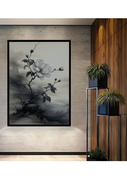 Çerçeve Görünümlü Beyaz Kamelya Kara Kalem Görünümlü Dekoratif Ahşap Ev/işyeri/ofis Kare Tablo