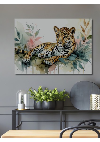 Sulu Boya Görünümlü Leopar Dekoratif Ahşap Ev/işyeri/ofis Kare Tablo Harikası