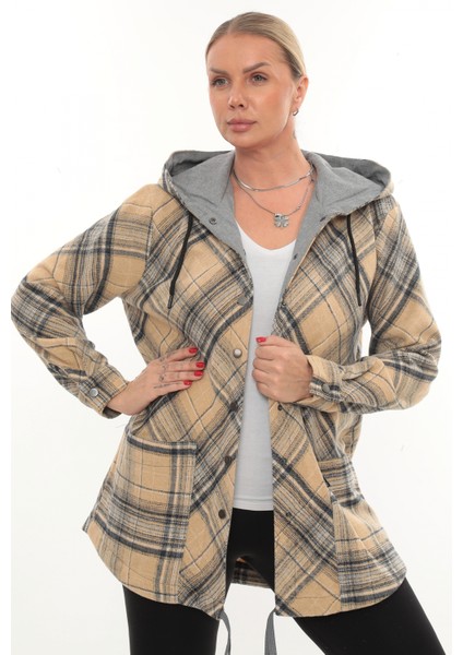 Büyük Beden Rahat Kalıp Kapüşonlu Oduncu Kadın Gömlek Hırka