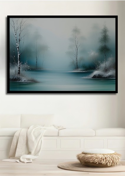 Çerçeve Görünümlü Buz Mavisi Göl Yağlı Boya Görünümlü Dekoratif Ahşap Ev/işyeri/ofis Kare Tablo