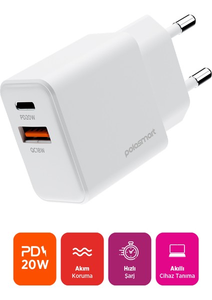 PBS136 Hızlı 1 USB 1 Pd Çıkışlı 20W Şarj Adaptörü Duvar Şarjı Beyaz fiyatları