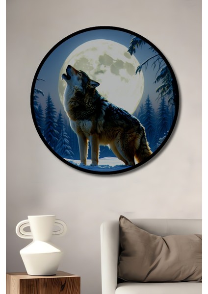 Çerçeve Görünümlü Dolunayda Uluyan Kurt Yağlı Boya Görünümlü Dekoratif Ahşap Ofis Yuvarlak Tablo