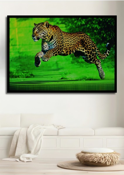 Çerçeve Görünümlü Yeşil Vahşi Yağlı Boya Görünümlü Jaguar Ev/işyeri/ofis Dekoratif Ahşap Kare Tablo