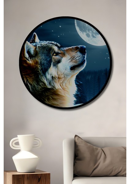 Çerçeve Görünümlü Dolunayda Uluyan Kurt Yağlı Boya Görünümlü Dekoratif Ahşap Ofis Yuvarlak Tablo