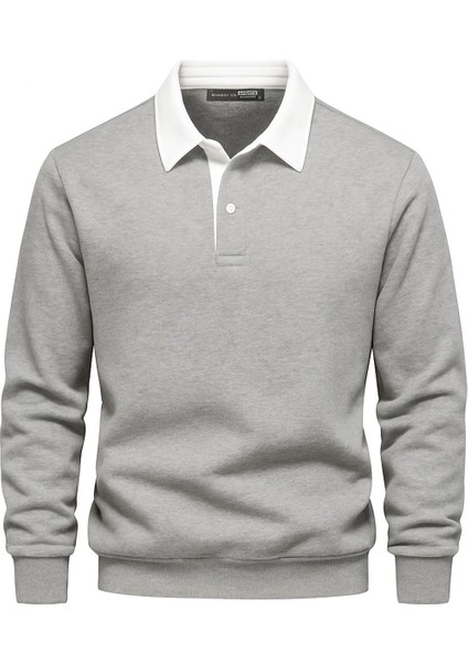 Erkek Retro Renk Bloklu Pamuklu Gömlek Yaka Sweatshirt