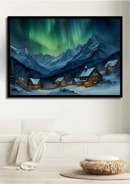 Çerçeve Görünümlü Kış Masalı Kuzey Işıkları Yağlı Boya Görünümlü Dekoratif Ahşap Ofis Kare Tablo