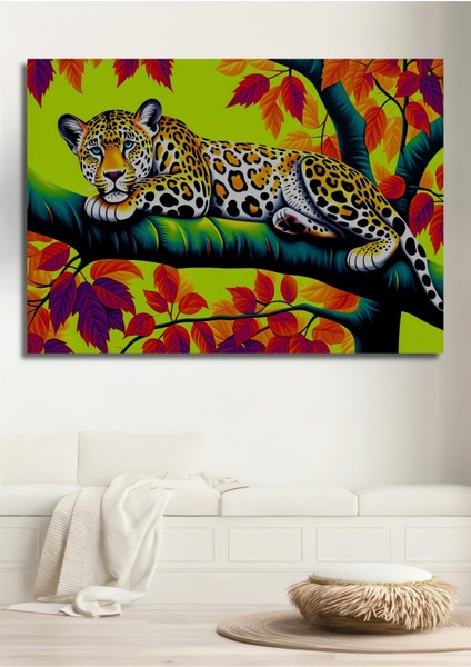 Tropikal Leopar Rüyası Yağlı Boya Görünümlü Dekoratif Ahşap Ev/işyeri/ofis Kare Tablo