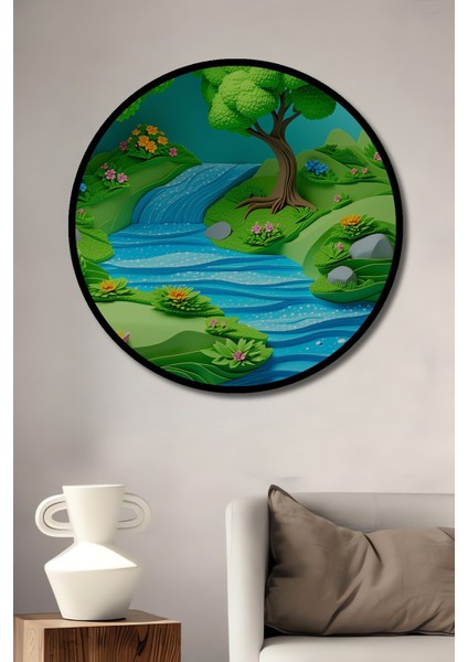 Çerçeve Görünümlü Pastel Boya Görünümlü Şelale Orman Manzarası Dekoratif Ahşap Ofis Yuvarlak Tablo