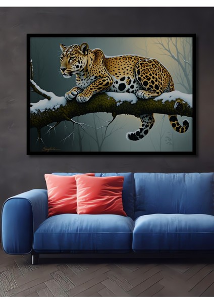 Çerçeve Görünümlü Kar Leoparı Karda Yağlı Boya Görünümlü Ev/işyeri/ofis Dekoratif Ahşap Kare Tablo