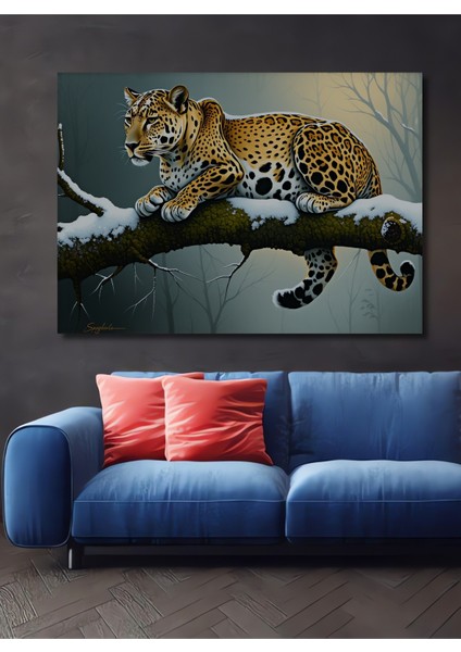 Kar Leoparı Karda Yağlı Boya Görünümlü Ev/işyeri/ofis Dekoratif Ahşap Kare Tablo