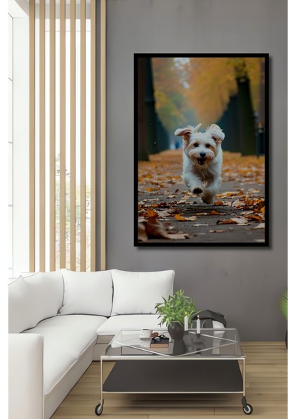 Çerçeve Görünümlü Sonbahar Neşesi Köpek Yağlı Boya Görünümlü Işyeri/ofis Dekoratif Ahşap Kare Tablo