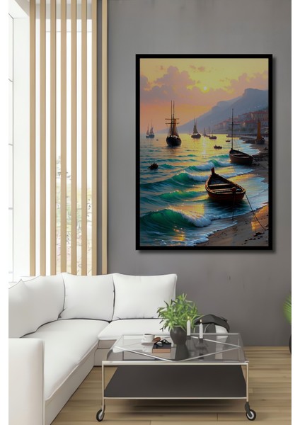 Çerçeve Görünümlü Altın Işıklar Altında Deniz Manzarası Yağlı Boya Görünümlü Ahşap Ofis Tablo