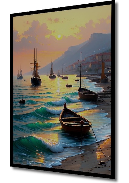 Çerçeve Görünümlü Altın Işıklar Altında Deniz Manzarası Yağlı Boya Görünümlü Ahşap Ofis Tablo fiyatları