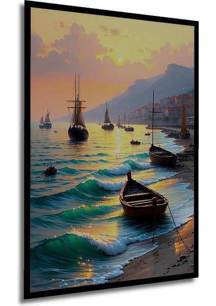 Çerçeve Görünümlü Altın Işıklar Altında Deniz Manzarası Yağlı Boya Görünümlü Ahşap Ofis Tablo modelleri