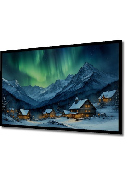 Çerçeve Görünümlü Kış Masalı Kuzey Işıkları Yağlı Boya Görünümlü Dekoratif Ahşap Ofis Kare Tablo fiyatları