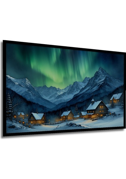 Çerçeve Görünümlü Kış Masalı Kuzey Işıkları Yağlı Boya Görünümlü Dekoratif Ahşap Ofis Kare Tablo modelleri