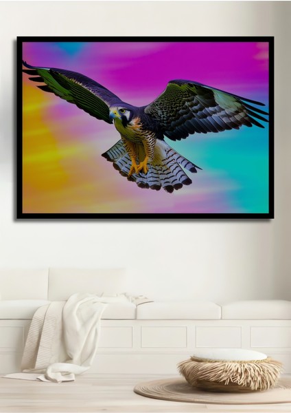 Çerçeve Görünümlü Gökyüzünde Süzülen Şahin Yağlı Boya Görünümlü Dekoratif Ahşap Ofis Kare Tablo