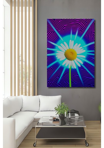 Neon Işığında Papatya Rüyası Dekoratif Ahşap Ev/işyeri/ofis Kare Tablo