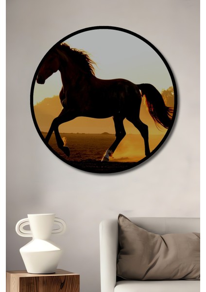 Çerçeve Görünümlü Şahlanan Atlar Yağlı Boya Görünümlü Dekoratif Dekoratif Ahşap Ofis Yuvarlak Tablo