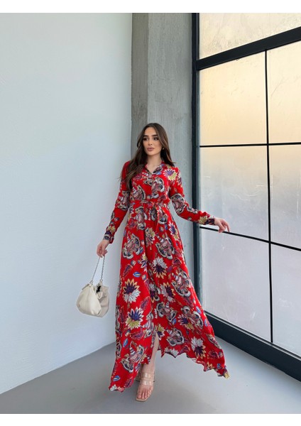 Lilyum Desen Kırmızı Gömlek Elbise