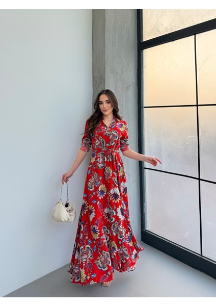 Lilyum Desen Kırmızı Gömlek Elbise fiyatları